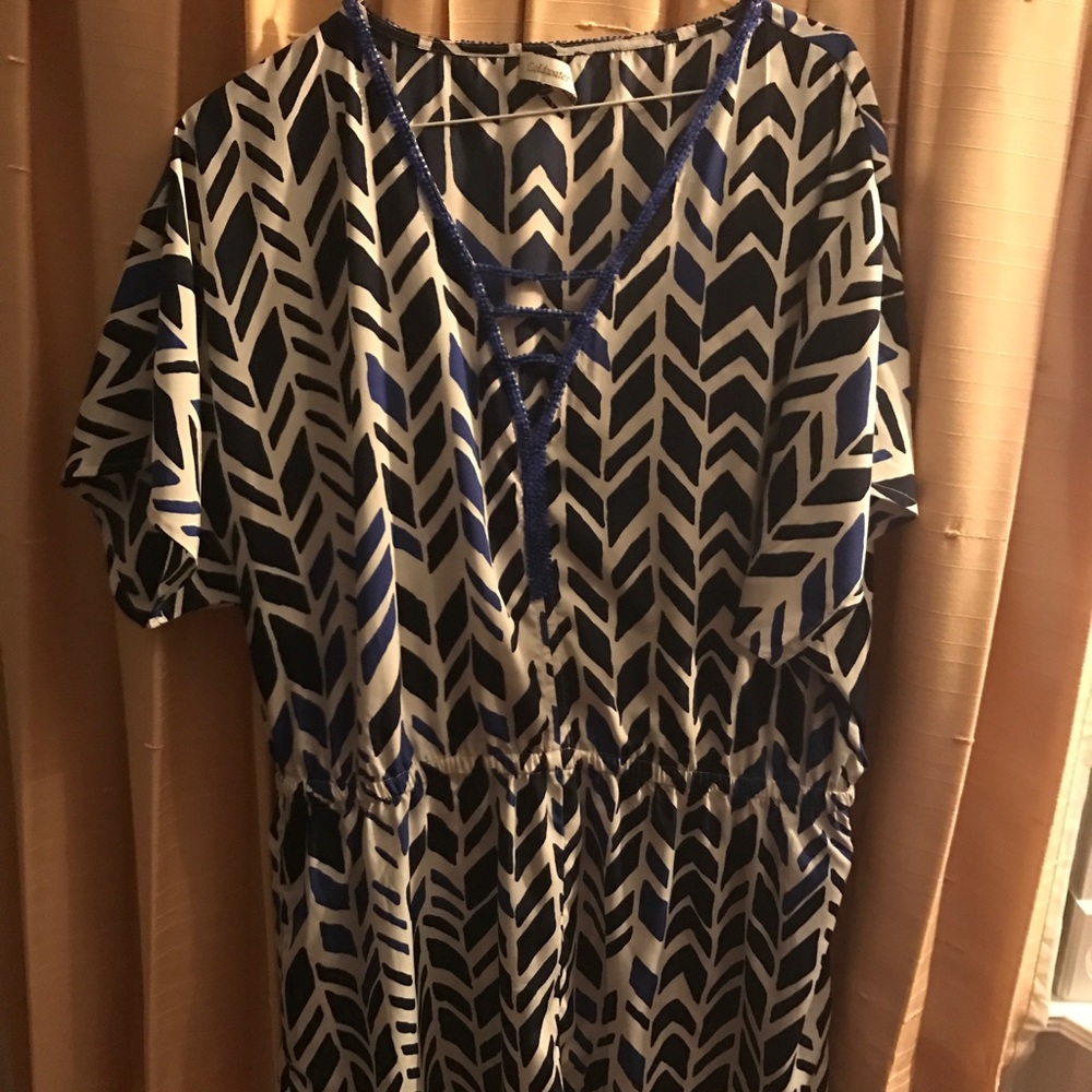 Blue & white shift with sequins at neckline